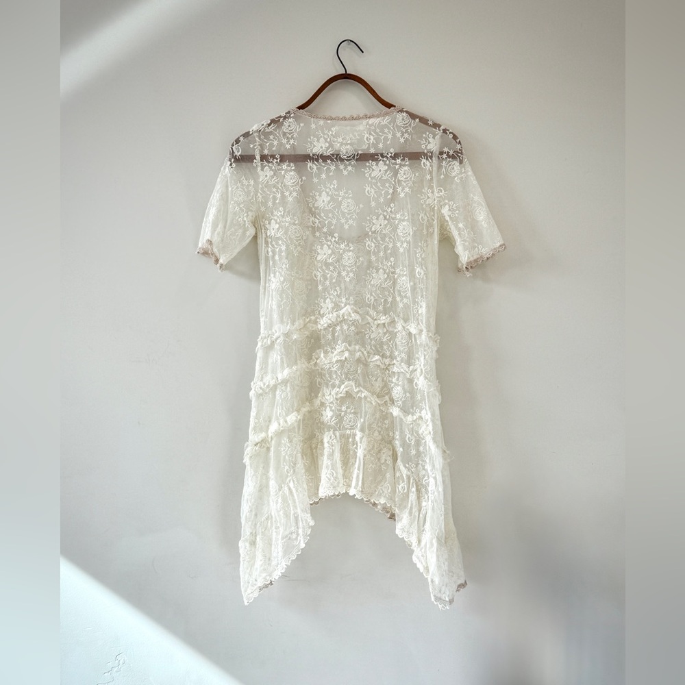 Johnny Was All White Lace Asymmetrical Short Sleeve Baby Doll Dress - Picture 4 of 13